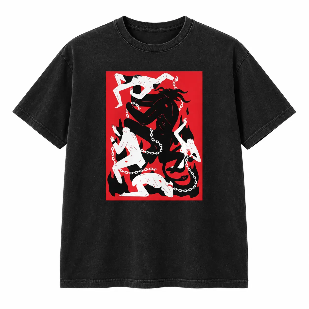 Tormented Souls In Chains Underworld Demon Hellfire Vintage Mineral Wash Graphic T-Shirt Washed Black Unisex Oversized Cotton Casual Short Sleeve Tee Dante's Inferno Dark Fantasy Gothic Aesthetic Streetwear Top T-shirt 4833