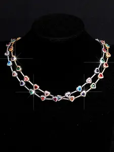 Vintage Rainbow Heart Paved CZ Necklace & Bracelet Set | Luxury Full-Diamond Heart Choker | Minimalist Versatile Stackable Jewelry | Delicate Accessories for Dates & Commute