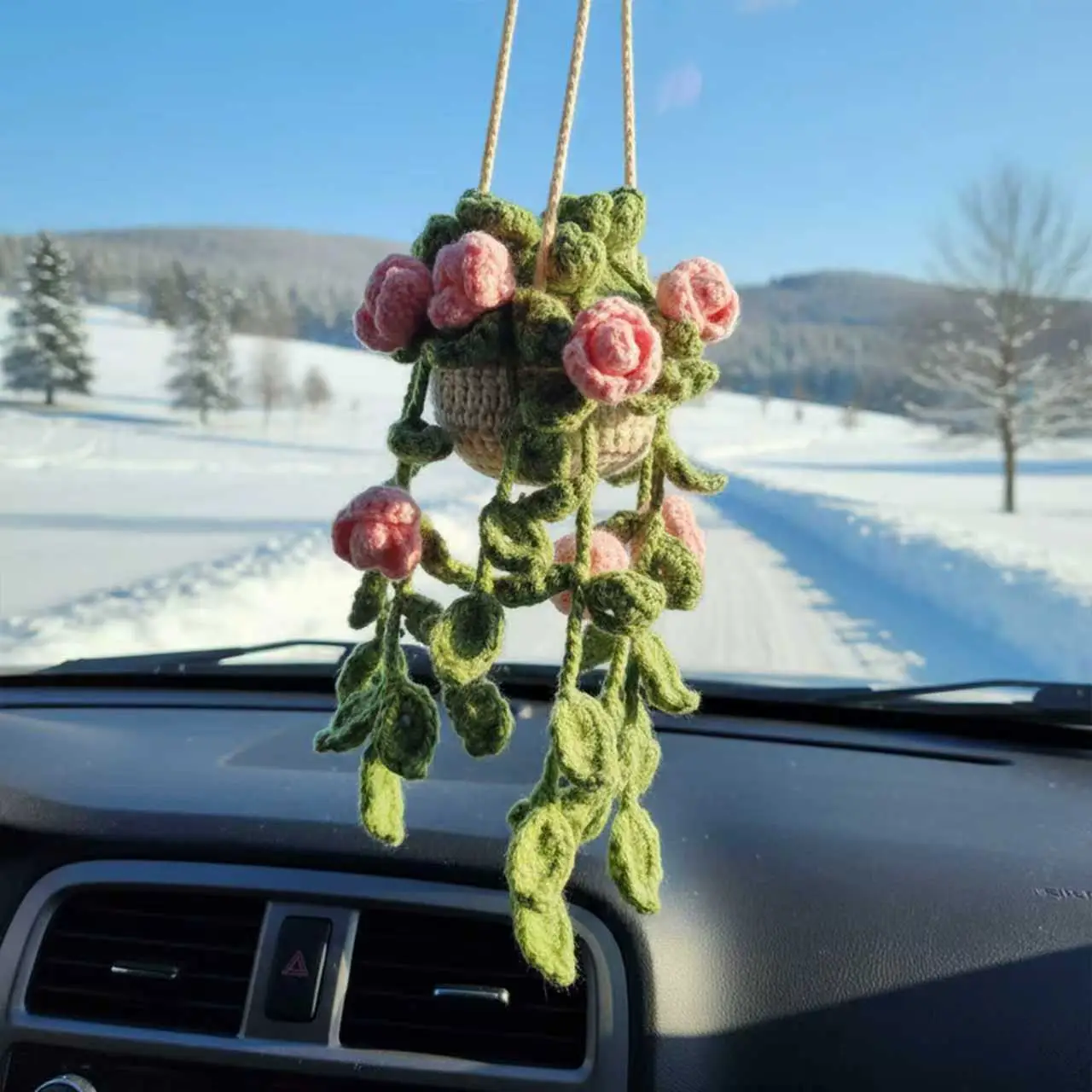 Cute Plant Design Car Hanging Decoration, Handmade Car Mirror Hanging Accessories, Car Rear View Mirror Crochet Ornament