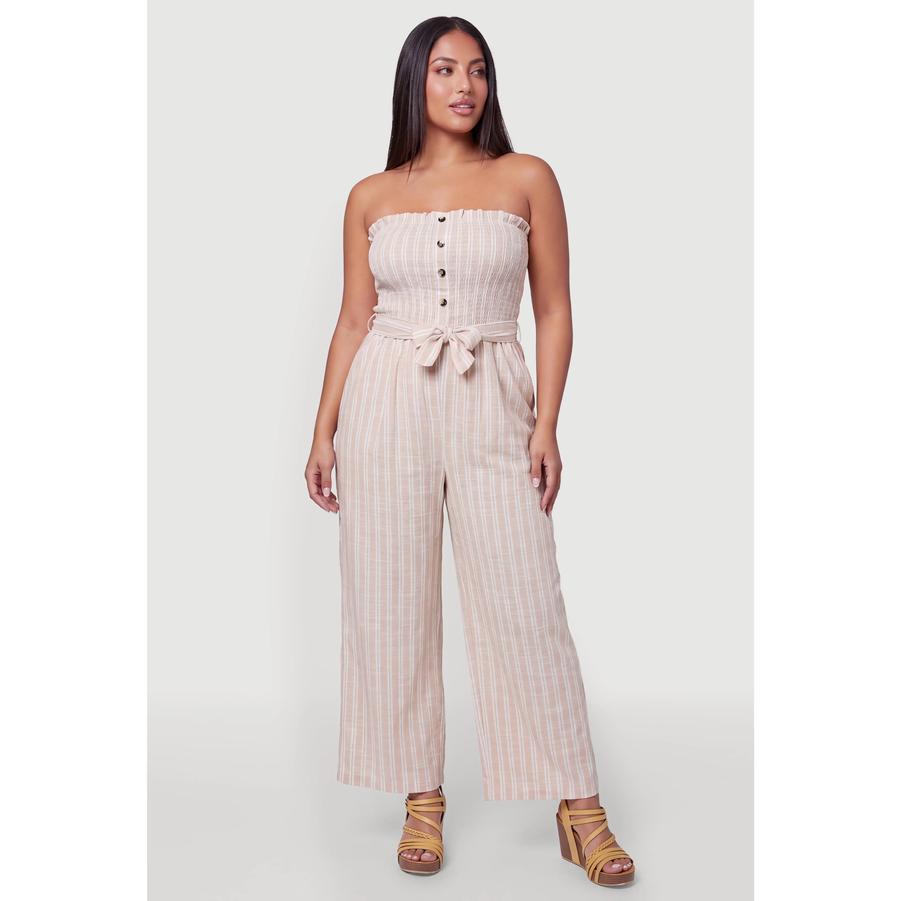 Plus Size Striped Strapless Jumpsuit with Tie Waist Belt