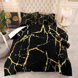 Black Gold Marble Pattern Comforter Set, 1 Comforter and 1-2 Coreless Pillowcases, Black Background Paired with Gold Marble Texture, Soft and Warm, Luxury & Coolness Bedroom Decor, Perfect Gift Choice