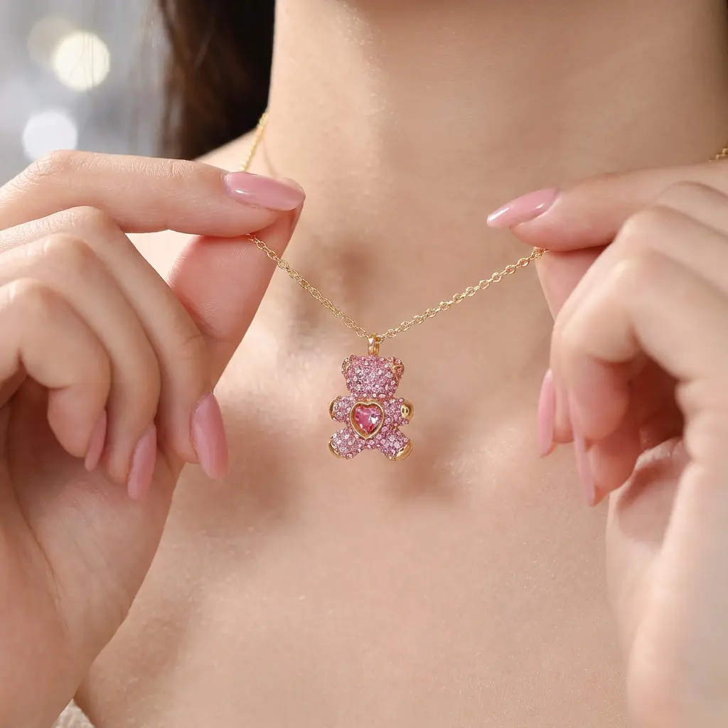 Derdaln Blush Pink Dancing Heart Bear Crystal Necklace, Gold-Plated Moving Pendant, Cute Dangling Floating Charm Jewelry with Gift Box (Crystal, Cute Dangling Floating Blush Pink Charm Necklaces), Crystal Necklaces, Dangling Charm Necklaces