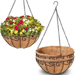 3 Pack 12 Inch Metal Hanging Baskets for  Outdoor- Round Wire Hanging Planters Basket with Coconut Coir Liner, Hanging Flower Pot for Outdoor   Garden Decorations