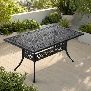 ARCH Cast Aluminum Patio Dining Table 58.27x34.65 Inch Rectangular Outdoor Table with Umbrella Hole Black Frame Rust Resistant for Garden Backyard Deck Poolside Entertaining, 5 Piece/7 Piece/Aluminium/Black Color Options, Aluminium Material