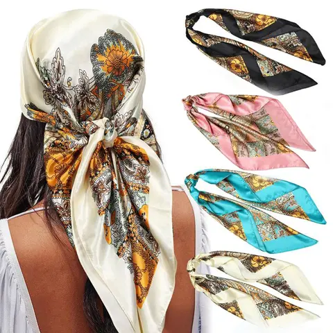 2/4pcs/set Fashion 90x90cm Large Square Head Scarf, Silk-Like Neck Scarf, Bandana Hair Wrap, Casual Random Print, All Seasons, Women's Accessory