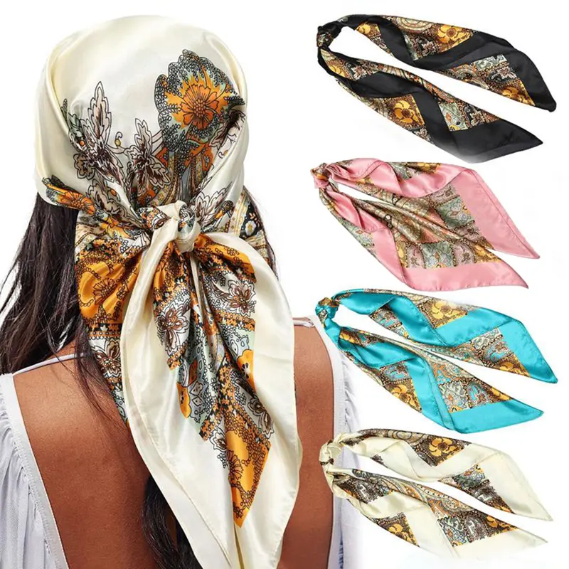 2/4pcs/set Fashion 90x90cm Large Square Head Scarf, Silk-Like Neck Scarf, Bandana Hair Wrap, Casual Random Print, All Seasons, Women's Accessory