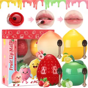 4/6/8 PCS Bee Lip Balm Lip Mask Fruit Pot Strawberry Apple Lemon Peach Moisturizing Overnight Treatment for Women Reduce Fine Lines Repair Dry Cracked Lips Stocking Stuffers for Teen Girls