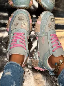 Women's Sparkling Rhinestone Thick Sole Sneakers, Blue Colorblock Heart Letter Embroidery, Street Style Women's Shoes