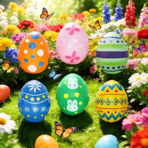 5 Colorful Inflatable Easter Eggs Decorations, Polka Dot Striped Rabbit Design, Outdoor Hanging Party Decoration, Includes Air Pump
