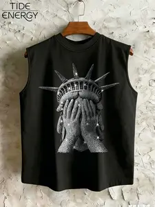 Men's Sparkle Lady Liberty Print Sleeveless Vest, Loose Drop Shoulder Street Style Casual Top, Face Covering Gesture, Summer Fashion, Streetwear
