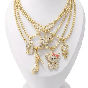 14K Gold Plated Beaded Necklace with Pendant – Boy, Elephant, Greek Plate,Heel, Bubu Bear style 24"