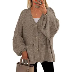 FallChunkyCardiganSweatersforWomen2025ButtonLanternSleeveKnitOversizedSweaterCoatswithPocketsFashionKnitwearWomenswearTopsArmyGreenMinimalistFitStyleBasicCasualVneckWinter