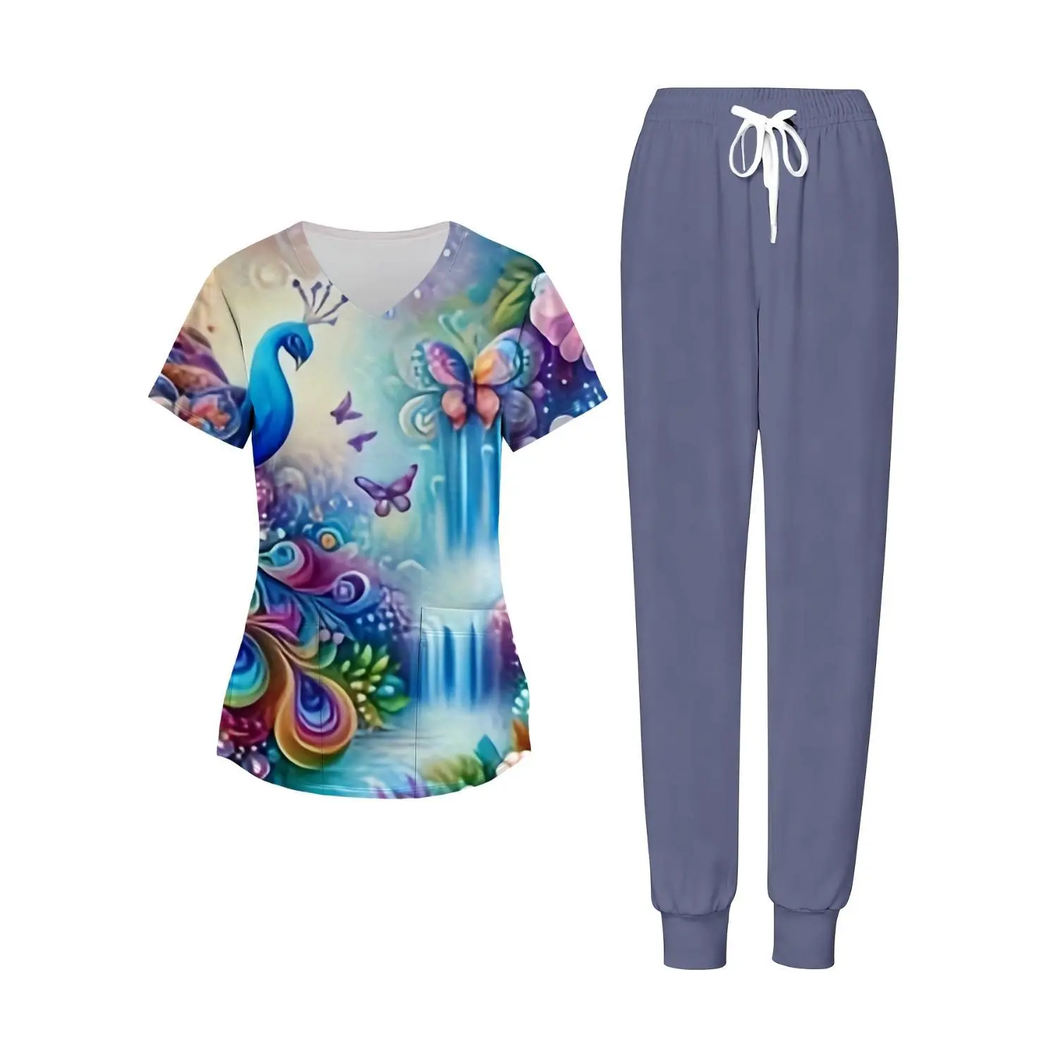 Elegant Women's Two-Piece Set | V-Neck Short Sleeve Top with Pockets & Peacock Butterfly Waterfall Print – Perfect for Work, Leisure, and Spring/Summer Festivals