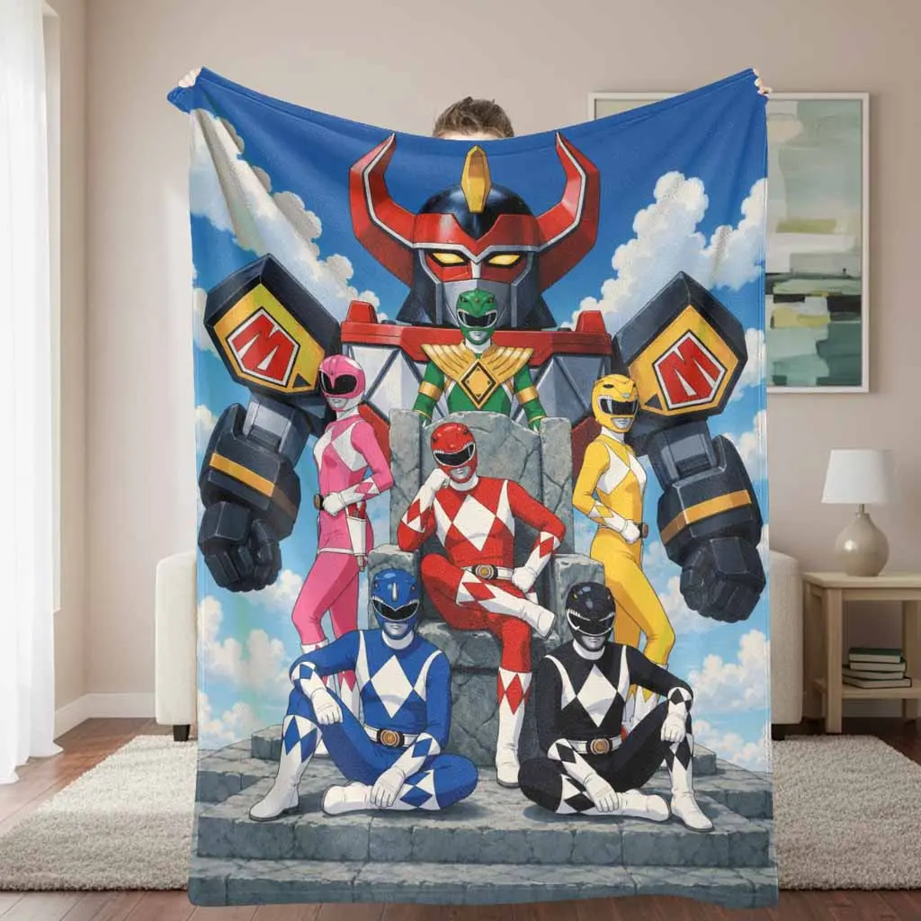 Retro Masked Hero Squad Flannel Blanket Giant Robot Guardian Print Soft Warm Lightweight Plush Throw For Sofa Bed Dorm Movie Night Cosplay Party Gift