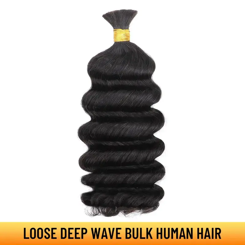 YGwigs Loose Deep Wave Double Drawn Bulk Human Hair Extensions for Boho Knotless Braiding Natural Black