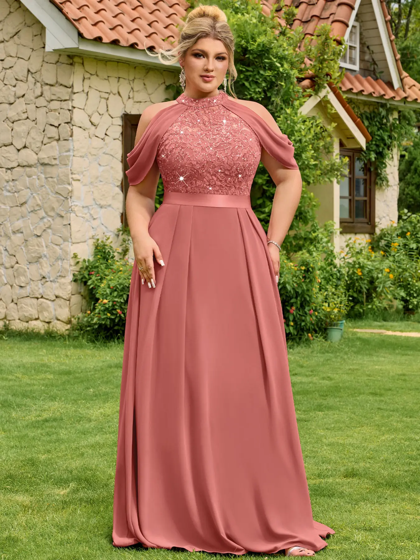 strapless open back dress Rose Gold Sequin Halter Ruffled Mermaid Prom Gown