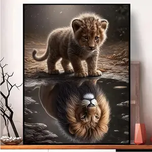 1 pc 30x40cm(11.81x15.7 inch) DIY 5D Diamond Painting Kit Lion Reflection Full Round Diamond Mosaic Art Embroidery Craft Diamond Art Kits for Home Office Wall Decor, Animal Theme