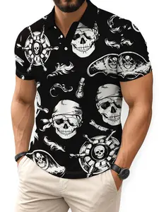 Pirate Theme Skull and Wheel Print Design Men's Polo Shirt, and Nautical Graphic Casual Top, Fitted Style for Everyday Wear, Menswear