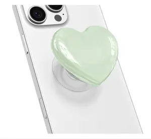 Heart Adhesive Phone Grip Holder, Cute Collapsible Glass Stick Phone Grip Stand Expanding Kickstand for iPhone Samsung, 3D Crystal Pretty Bling Glitter Love Sticky Grips, Light Green