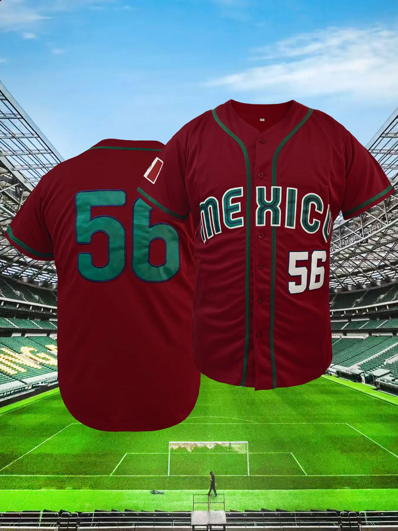 High-Quality Mexico #56 Embroidered Western Baseball Jersey, V-Neck Loose Fit Baseball Uniform, Breathable Button-Up Sportswear Top, Embroidery Sportswear, Sports Tops, Sportswear Clothing, Perfect for Outdoor Sports & Training, Unisex, All Seasons