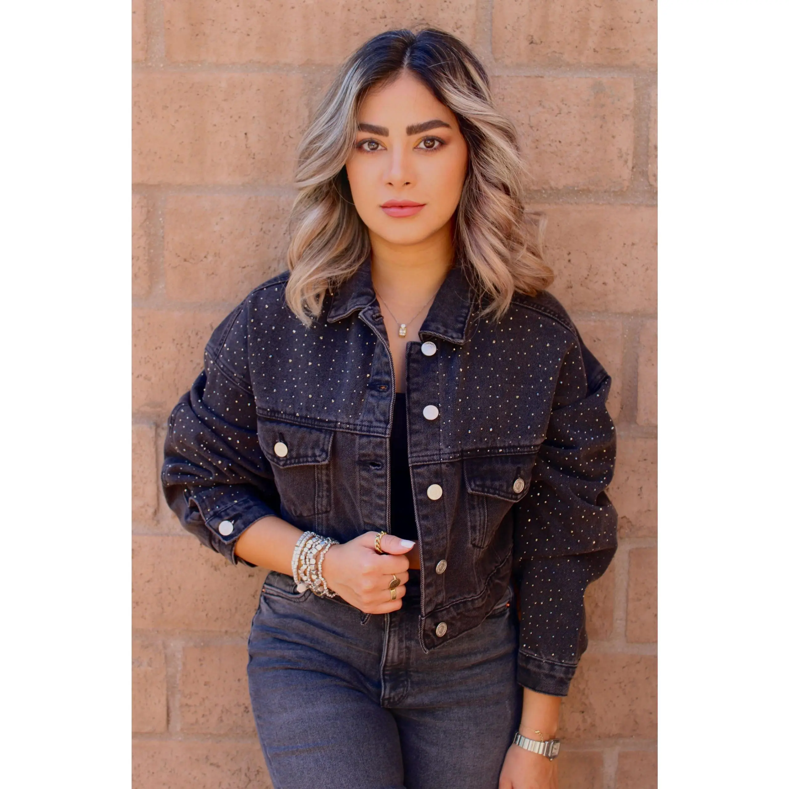 Black Cropped Denim Jacket with Rhinestones