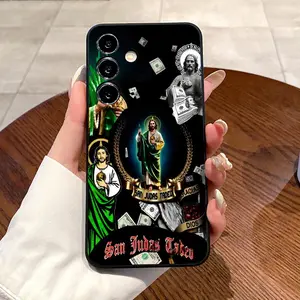 Straight Edge Phone Case Compatible with Samsung Galaxy S23 Ultra S24 Plus S25 S22+ Saint Judas Wealth Pattern Full Body Protection Shockproof Soft Silicone Cover