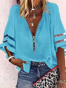A women's solid color mesh spliced loose casual fashion V-neck zipper blouse shirt top with half bell sleeves, suitable for summer, daily casual wear, and going out.