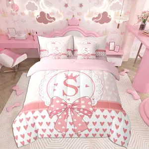 Pink Bow Heart Love Comforter Set with Sheets 7 Piece Personalized Initial S Bowknot Bedding Set for Kids Boys Girls Princess Crown Print Bed in a Bag Room Decor Fairy Dreamy