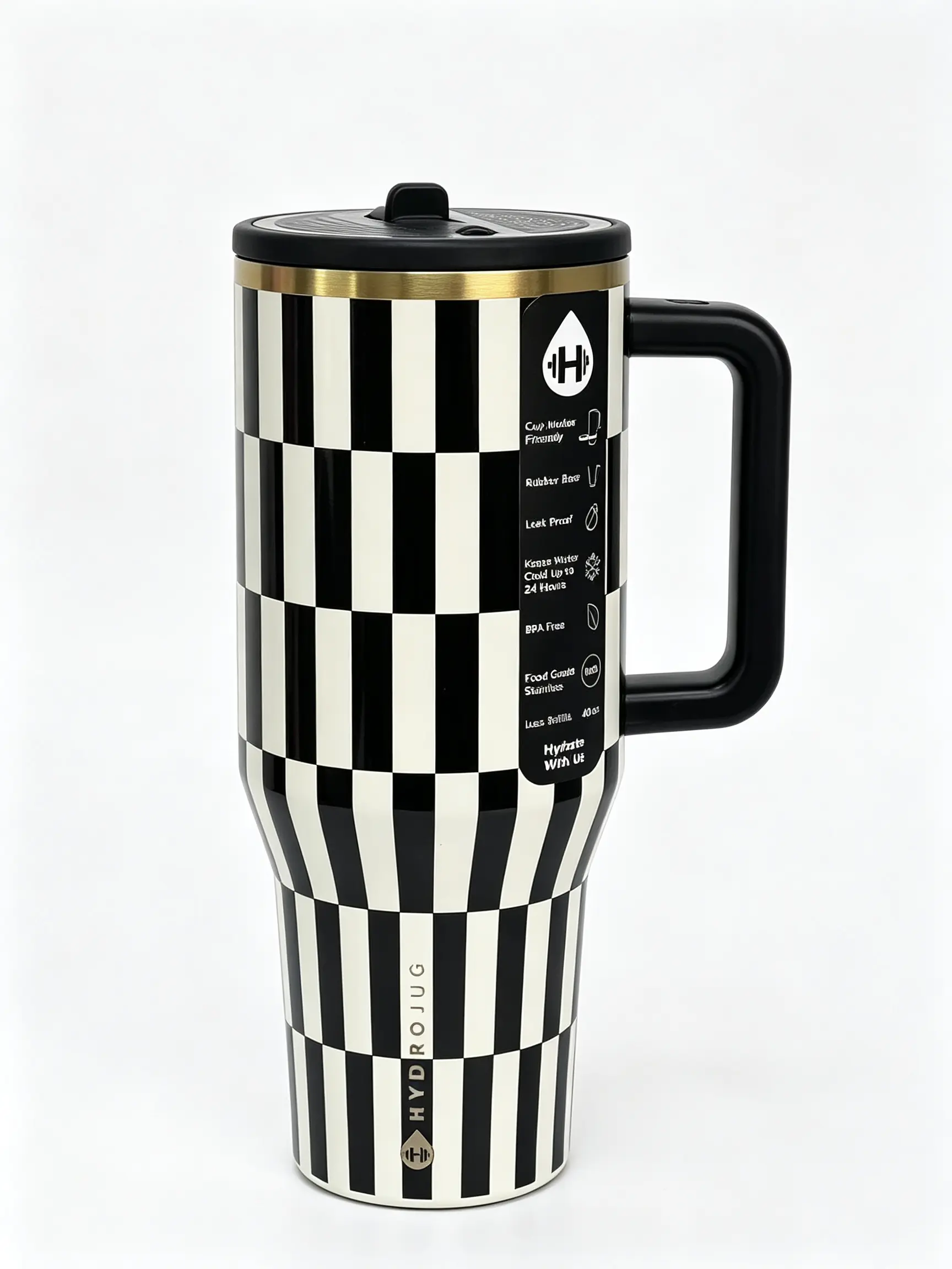 HydroJug 40oz Black-Gold Checkerboard Stainless Steel Travel Mug with Handle & Straw - Double Wall Insulated Portable Vacuum Flask for Adults, 100% Leak-Proof, Anti-Scalding, 24+hr Ice Retention, Cup Holder Friendly, Modern Large Capacity Car Drinkware