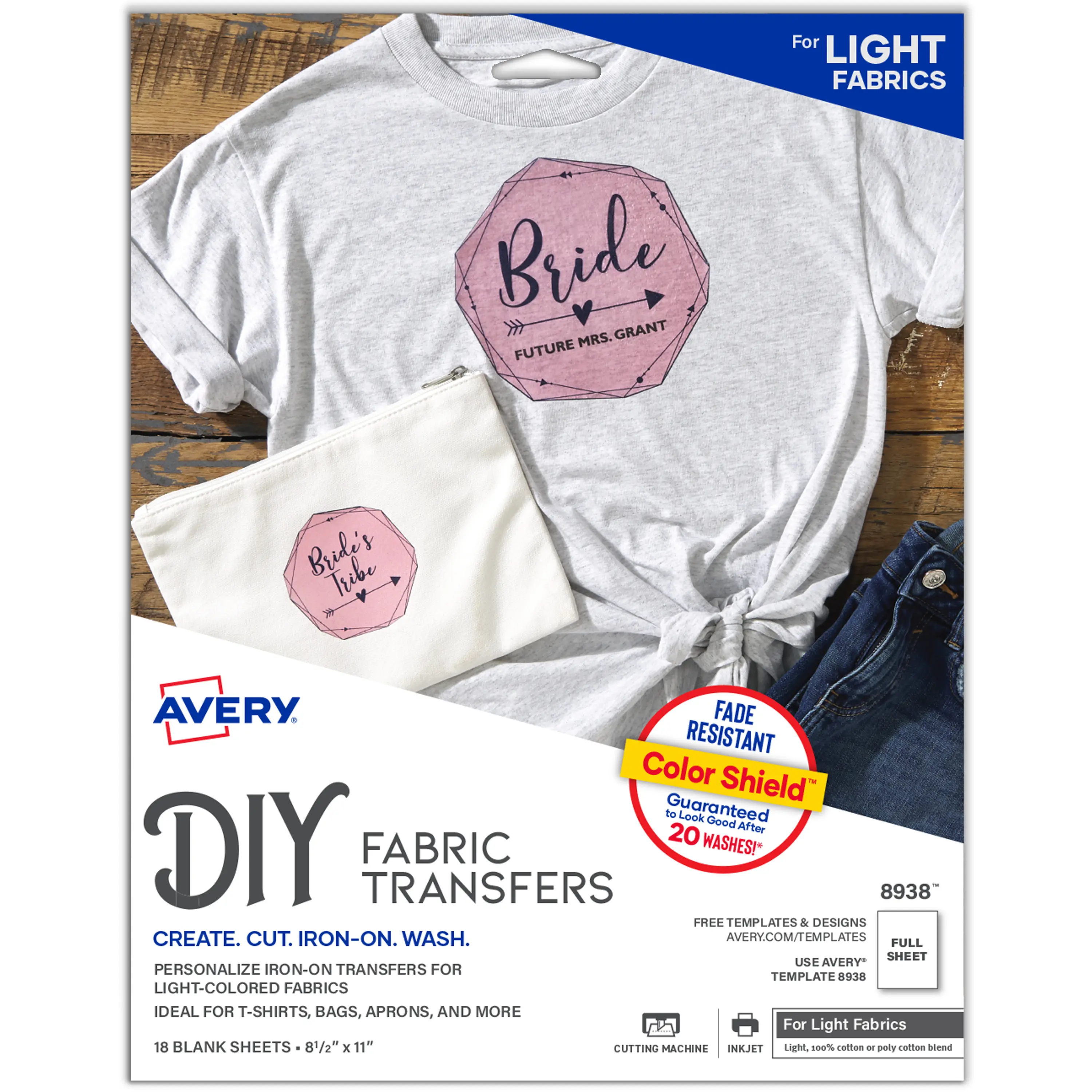 Avery Printable Heat Transfer Paper for Light Fabrics, 8.5" x 11", Inkjet Printer Compatible, 18 Sheets of Iron On Transfer Paper (8938)