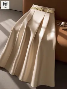Elegant Women's Bottom Pleated Midi Skirt Womenswear, Simple Plain Woven Fabric Fitted Design with Waist Belt, Perfect for Business Commute & Special Occasions