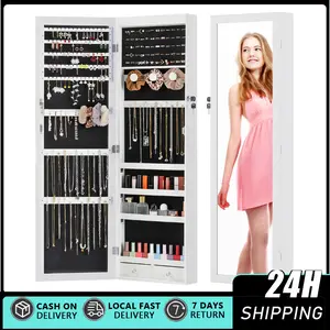Jewelry Armoire with LED Lighted Mirror, Wall/Door Mounted Frameless Mirror with 3 Color Lights, Lockable Jewelry Cabinet Hanging Jewelry Organizer with 2 Drawers Wall-Mount/Door-Hanging Jewelry Armoire Large Capacity Mirror & LED Lights Lockable