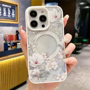 Fresh White Jasmine MagSafe Clear Phone Case Compatible with Magsafe Magnetic Wireless Charging, Suitable for Iphone 11, 12, 13, 14, 15, 16 17Pro Max, Featuring a Hard Bumper Design