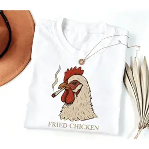 Casual Round Neck Short-Sleeve Streetwear Chicken Graphic Shirt - Smoking Rooster Tee, Sarcastic Dark Humor Clothes, Gag Gift For Dad, Funny Farmer Top