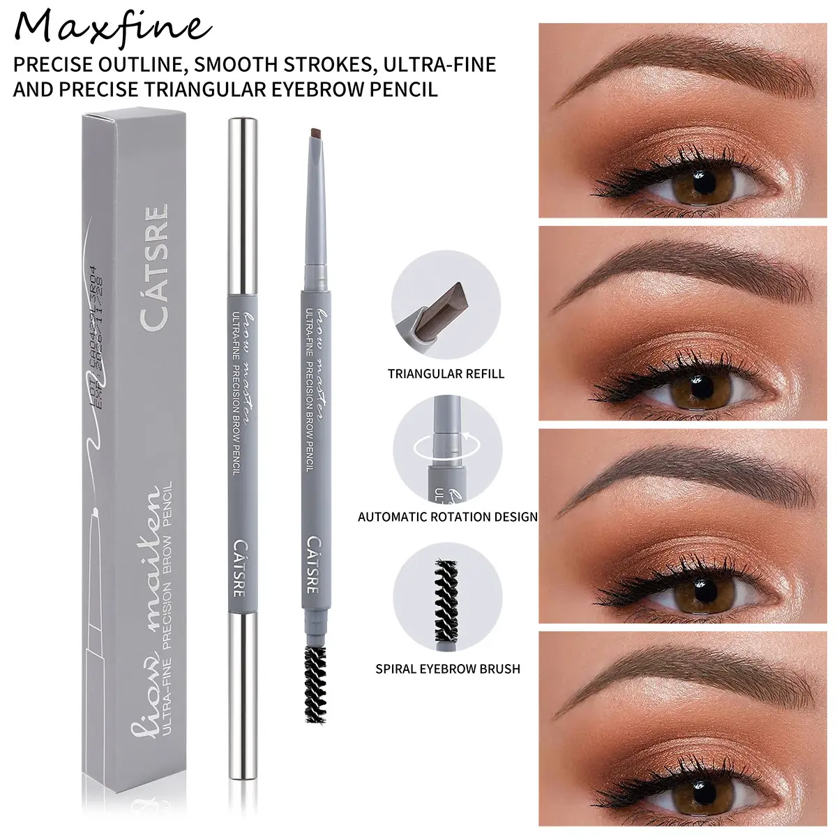 MAXFINE Ultimate Retractable Eyebrow Pencil, Medium Brown, Double-Sided Brow Brush, Fine Tip, Shape, Define, Fill in Brows Makeup Cosmetic