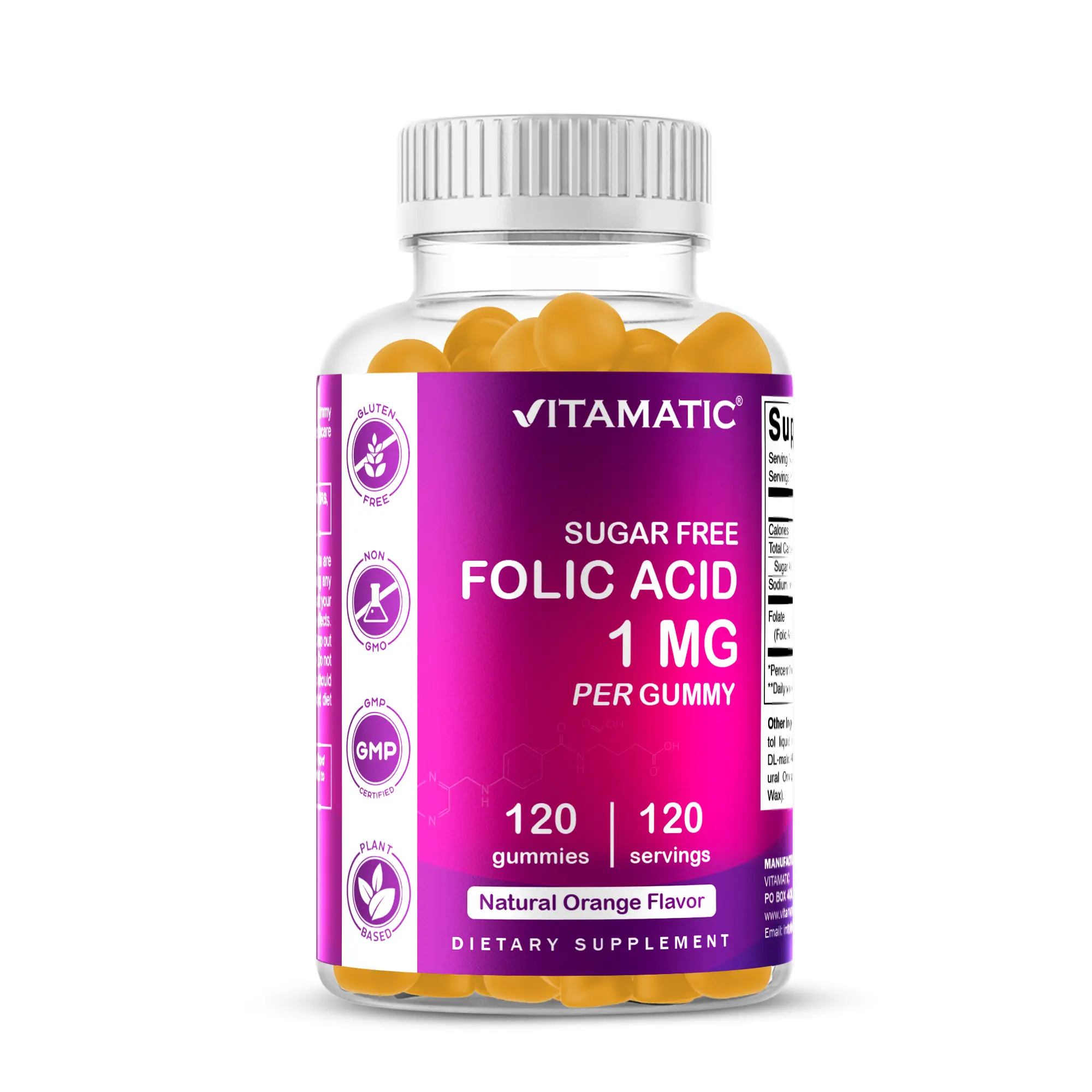 Vitamatic Vegan Friendly Folic Acid Chewable Orange Gummy Vitamins - 1000 mcg (1 mg) Gluten-Free Vitamin B9 Dietary Supplements, Brain Health Support, 120-Count Prenatal Support for Moms