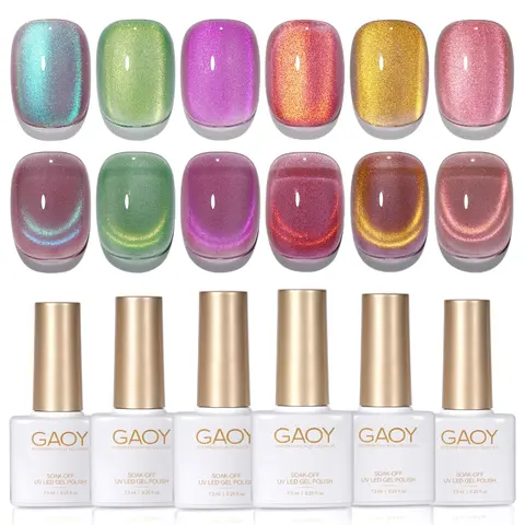 GAOY Cat Eye Gel Nail Polish Set, 6 Colors, Brilliant Fireworks | Rainbow Colors, Magnetic Glitter Glassy Holographic Gel Nail Polish Set, UV/LED Cure Required, DIY Manicure at Home