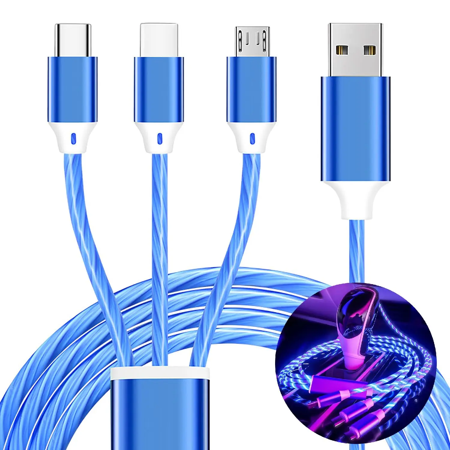 Bright Flowing LED 3-in-1 Braided Charging Cable, Multi Interface Luminous Fast Charge Wire for Teen Gamers & Night Car Travel Use