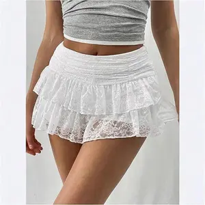 Women's Lace Mini Skirt Women Low Rise Pleated Ruffle Tiered Half Slip Elastic Waist Flowy Mesh Sexy Short Underskirt