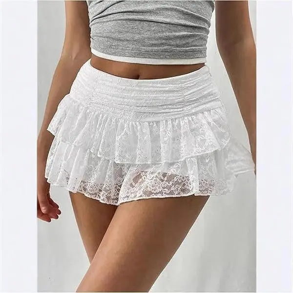 Women's Lace Mini Skirt Women Low Rise Pleated Ruffle Tiered Half Slip Elastic Waist Flowy Mesh Sexy Short Underskirt