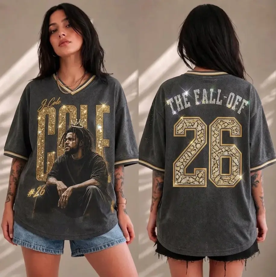 J.Cole The Fall Off Inspired Glitter Bling Jersey Shirt, Double Sided Vintage Hip Hop Graphic Tee, Music Concert Streetwear Shirt, Rap Fan Gift, Unisex Graphic Shirt