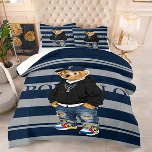 Teddy bear printed pattern Decorative bedding set, including 1 blanket and 1 or 2 pillowcases without pillowcases, soft children's or adult bedroom decoration gift