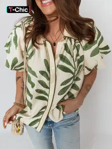 Hotapei Summer Fashion Leaf Print Short Sleeve Bubble Hem Shirt, Stylish Casual Top for Women, Perfect for Daily Wear