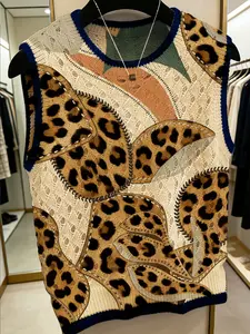 Women's Leopard Print Round Neck Vest Top, Sleeveless Knitted Sweater Vest, Casual Loose Fit, Breathable Summer Fashion