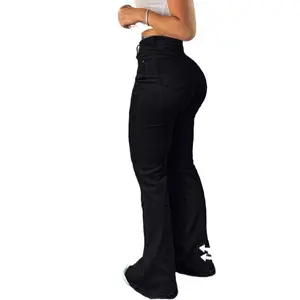 Women's High Waist Flare Leg Jeans, Casual Button Fly Pocket Design Bell Bottom Denim Trousers for Fall & Winter. Can be used with raincoat