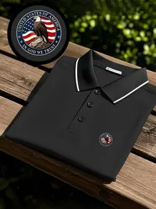 Men's quick-drying polo shirt short-sleeve with eagle, star, and stripe print design. Breathable and comfortable for sports wear, it won't fade. The full-body fitting cut, sweat-absorbing, non-sticky to the body, and made with durable craftsmanship.