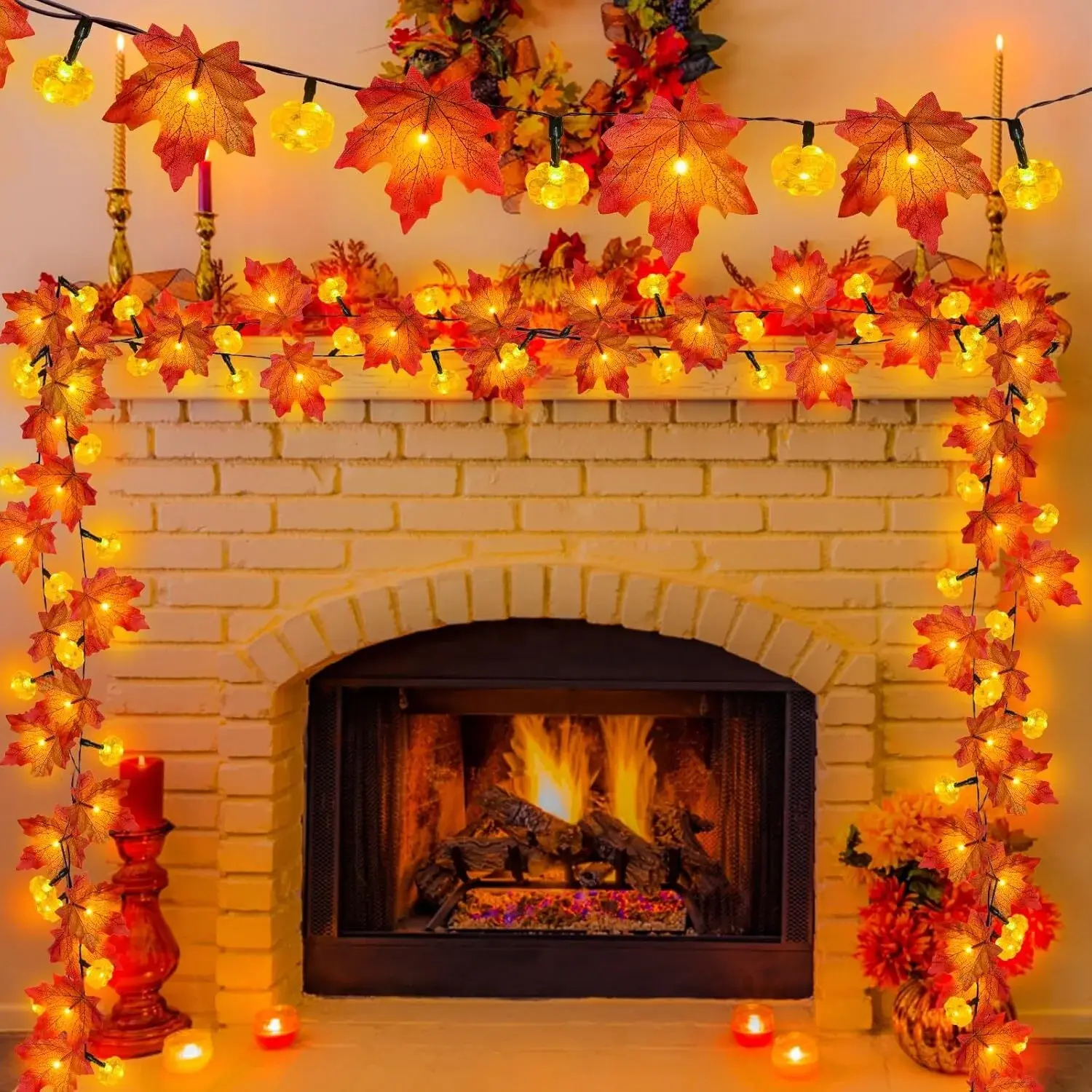 Lieberwell Fall Pumpkin Lights with Realistic Maple Leaves String Light 20FT 40LED Battery Operated for Indoor Outdoor Thanksgiving Decor Warm Glow Cozy Autumn String Décor - Room