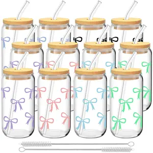 6/12 Pack Bow Pattern Glass Cups with Lids and Straws, 16oz Reusable Iced Coffee Cups, Glass Tumblers