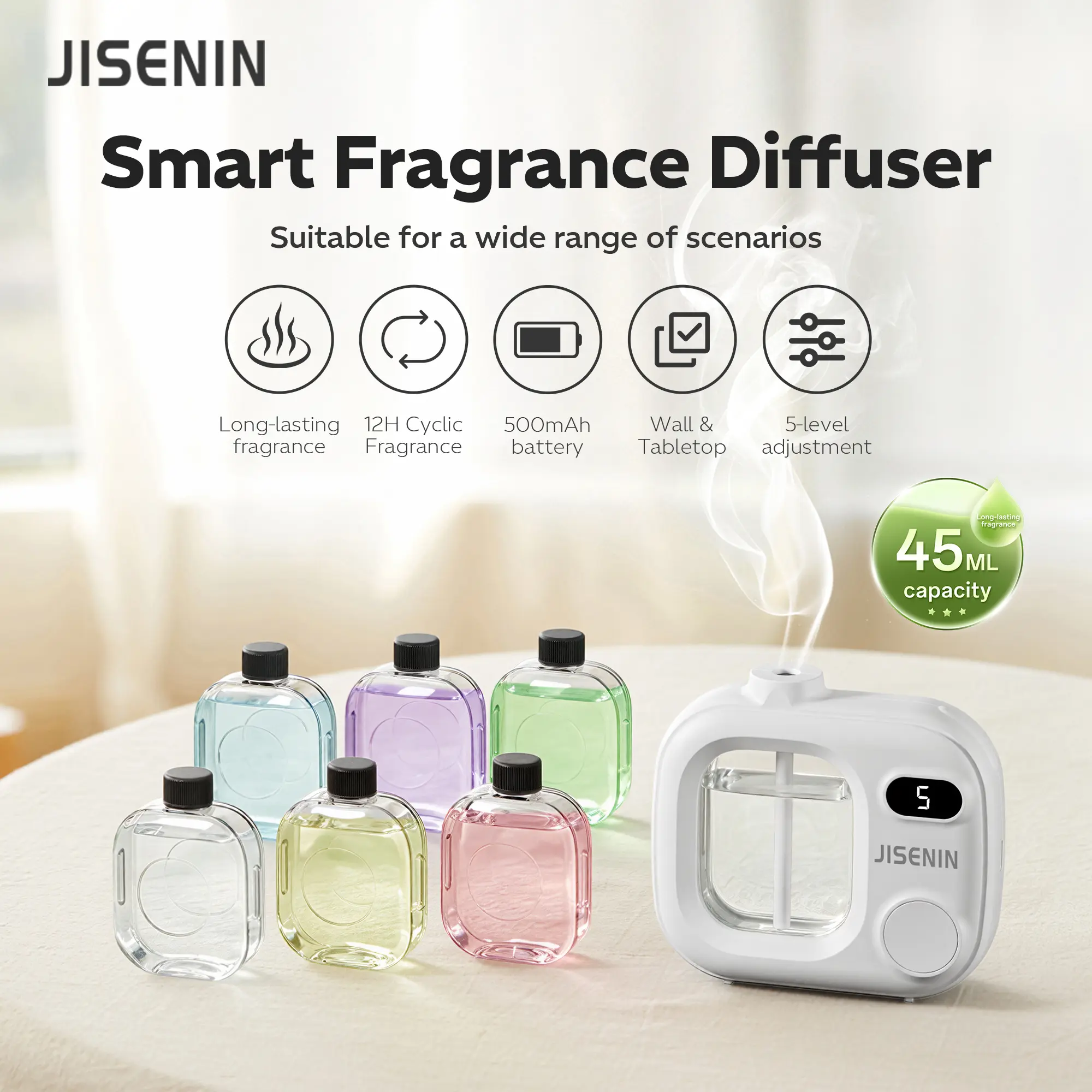 JISENIN Rechargeable Modern Compact Portable Aroma Diffuser/Humidifier - 500mAh, 23-Day Battery, 5 Spray Modes, 800 Sq Ft Coverage, 10dB Ultra-Quiet, 45ml Tank, Type-C Charging, Wall-Mount/Desktop, Fragrance Mist for Home, Travel