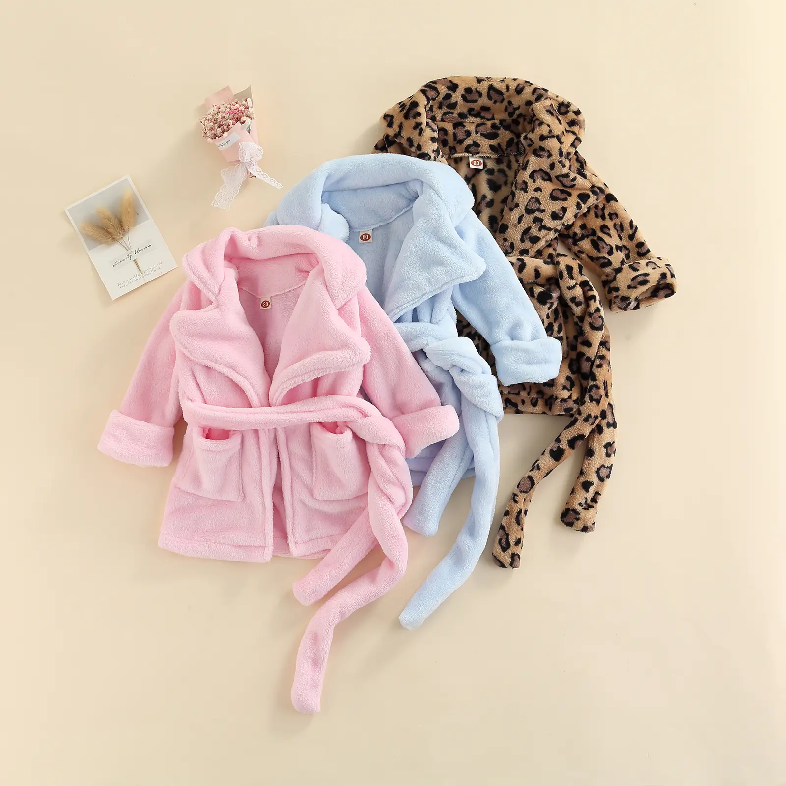 Infant Toddler Baby Girl Boy Flannel Soft Bathrobes Plush Kimono Robe Pjs Sleepwear with Belt